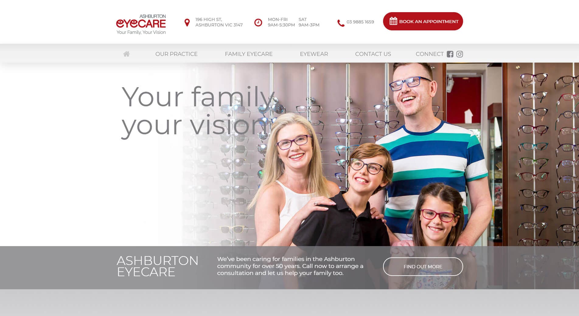 Ashburton Eyecare website homepage showing the practice header, book-an-appointment pathway and family-focused hero.
