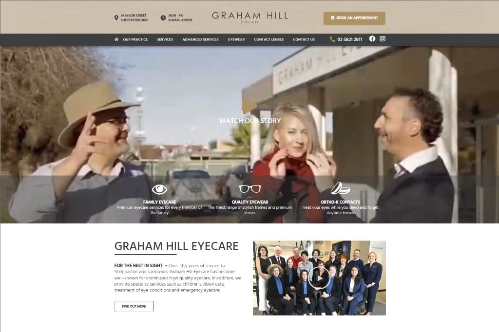 Graham Hill Eyecare website homepage showing the practice header, book-an-appointment pathway, hero introduction and service pathways.