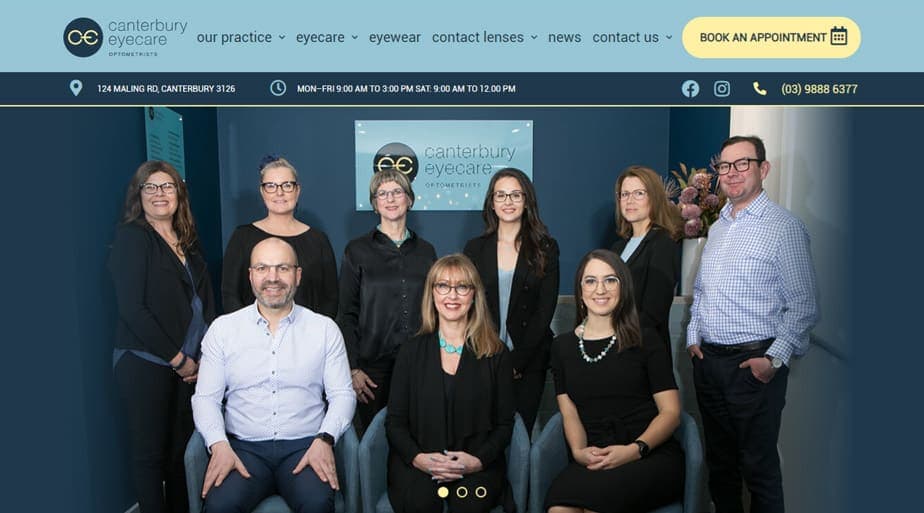 Canterbury Eyecare website homepage showing the practice navigation, location details and book-an-appointment button above the team photograph.